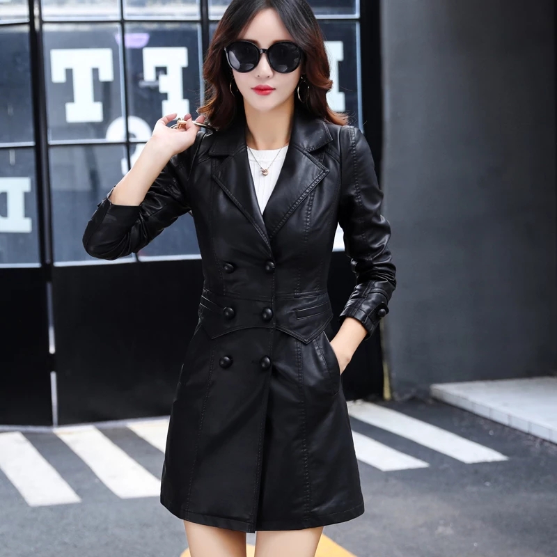 THEME 21 Women New Fashion Pu Leather Dust Coat Buttons Classic Faux Leather Long Top Trench Coat Soft Casual Outerwear Female 2021 Spring