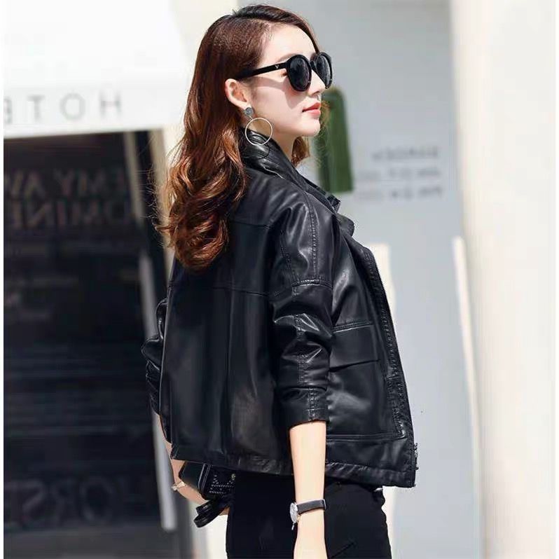 MilaBrown Pu Leather Jacket for Women Black Motorcycle Coat Short