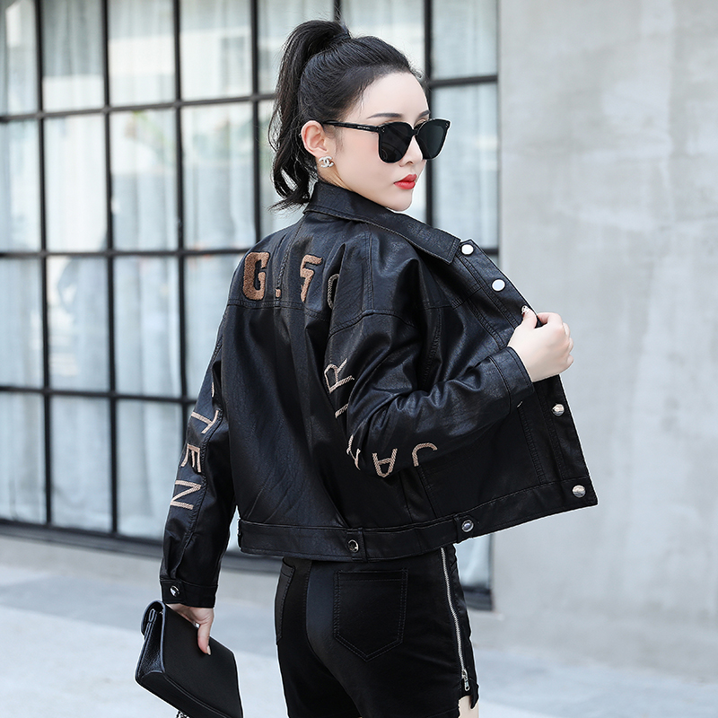 THEME 21 Women New Fashion Pu Leather Jacket Embroider Motorcycle Coat Short Faux Leather Biker Jacket Soft Bomber Jacket Female