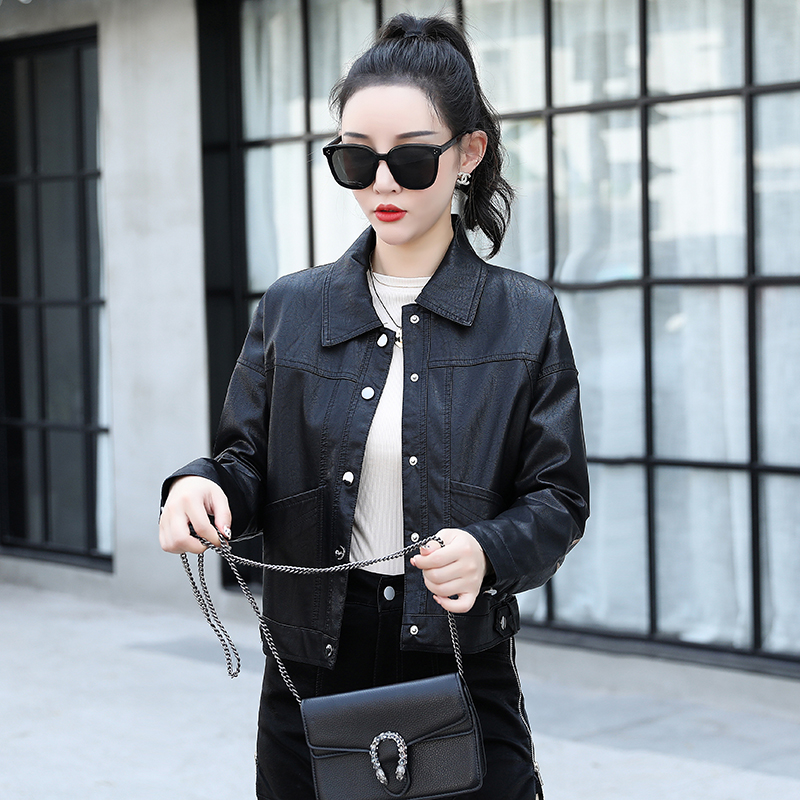 THEME 21 Women New Fashion Pu Leather Jacket Embroider Motorcycle Coat Short Faux Leather Biker Jacket Soft Bomber Jacket Female