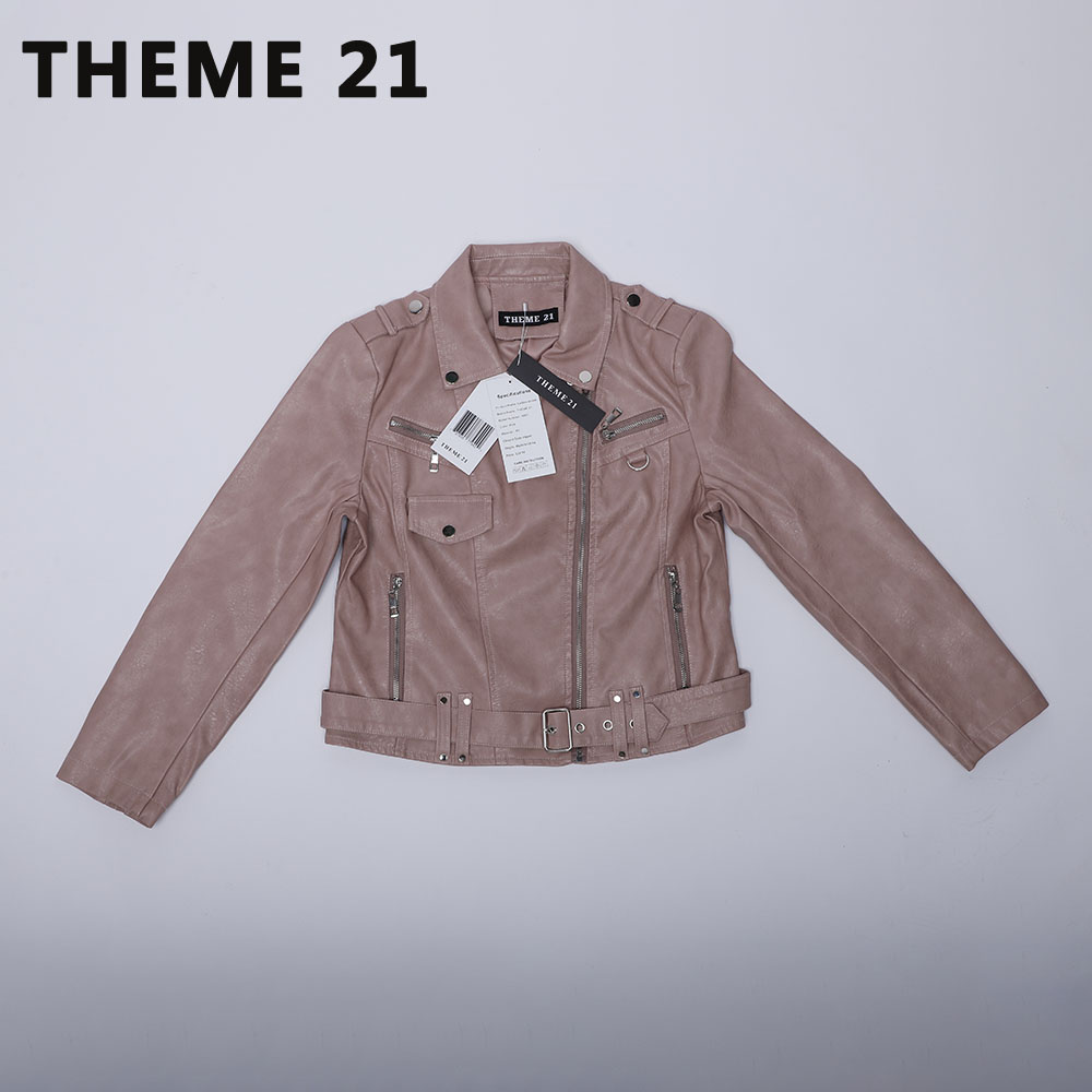 THEME 21 Women New Fashion Pu Leather Jacket Zipper Button Motorcycle Coat Short Faux Leather Belt Soft Casual Jacket Female