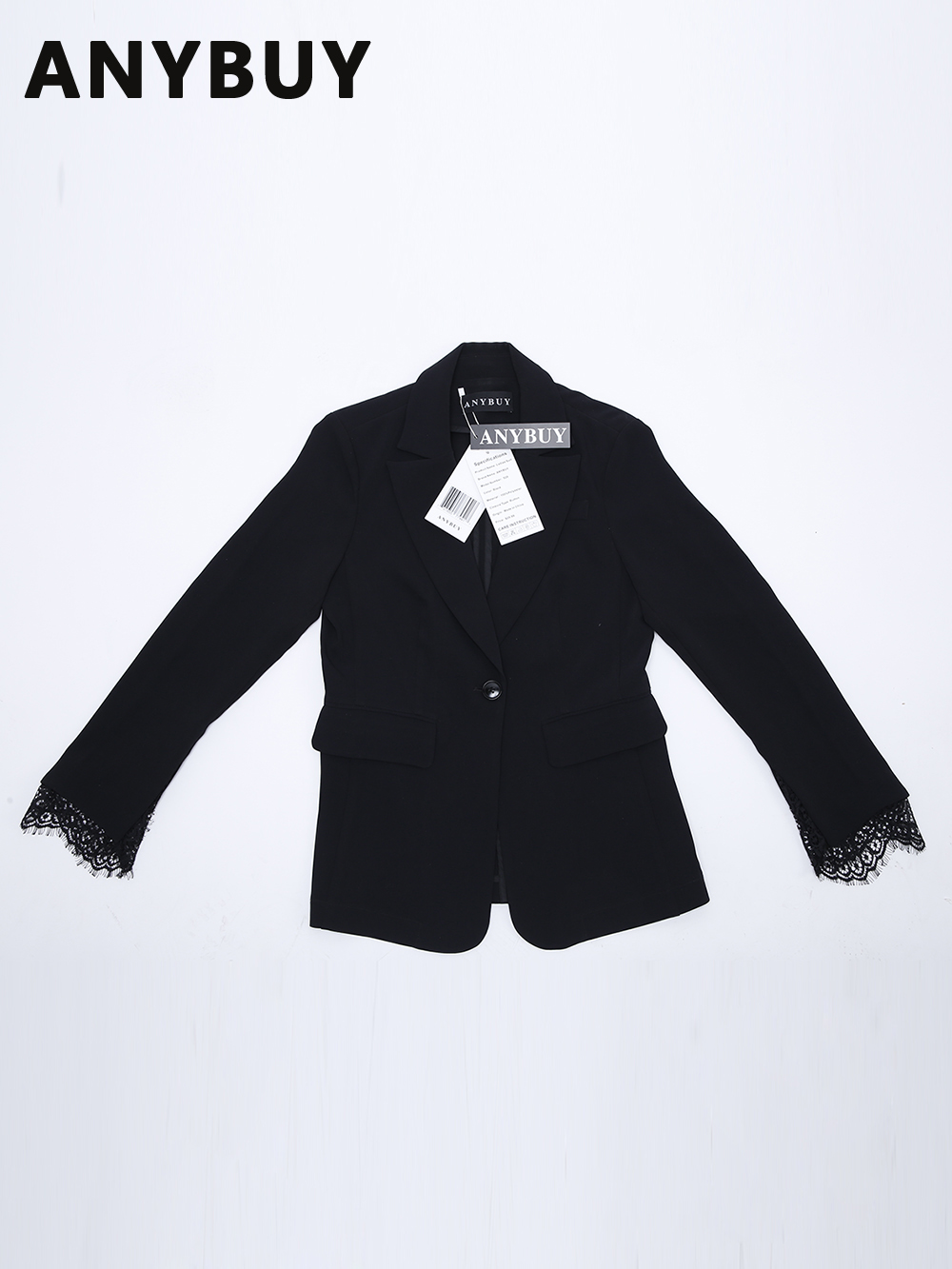 ANYBUY 2021 Spring New Fashion Ladies Blazer Jacket Long Sleeve with Lace  Black Slim Suit Jacket  Single Button Placket Female