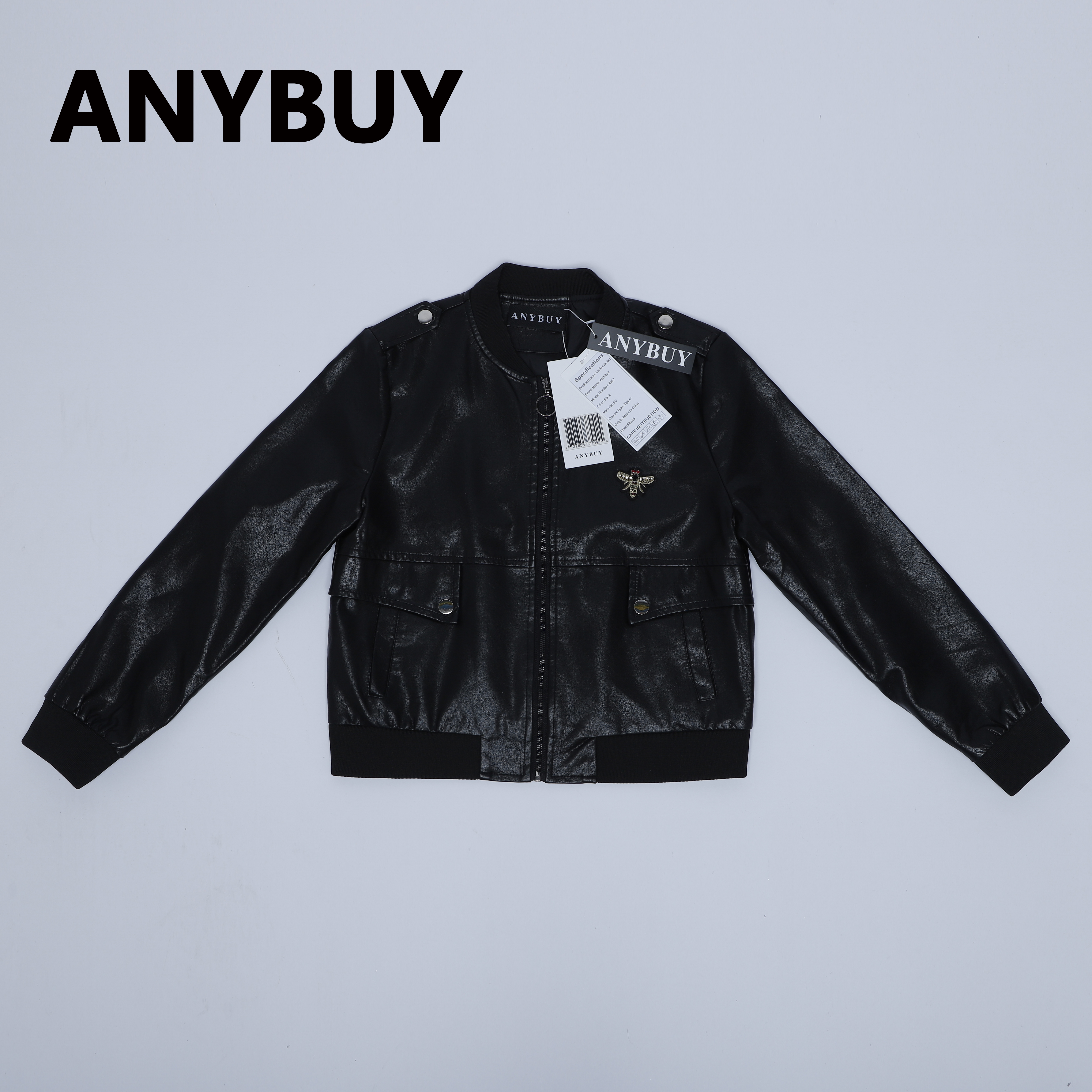 ANYBUY Women New Fashion Pu Leather Jacket Zipper Motorcycle Coat Short Faux Leather Biker Jacket Soft Bomber Jacket Female