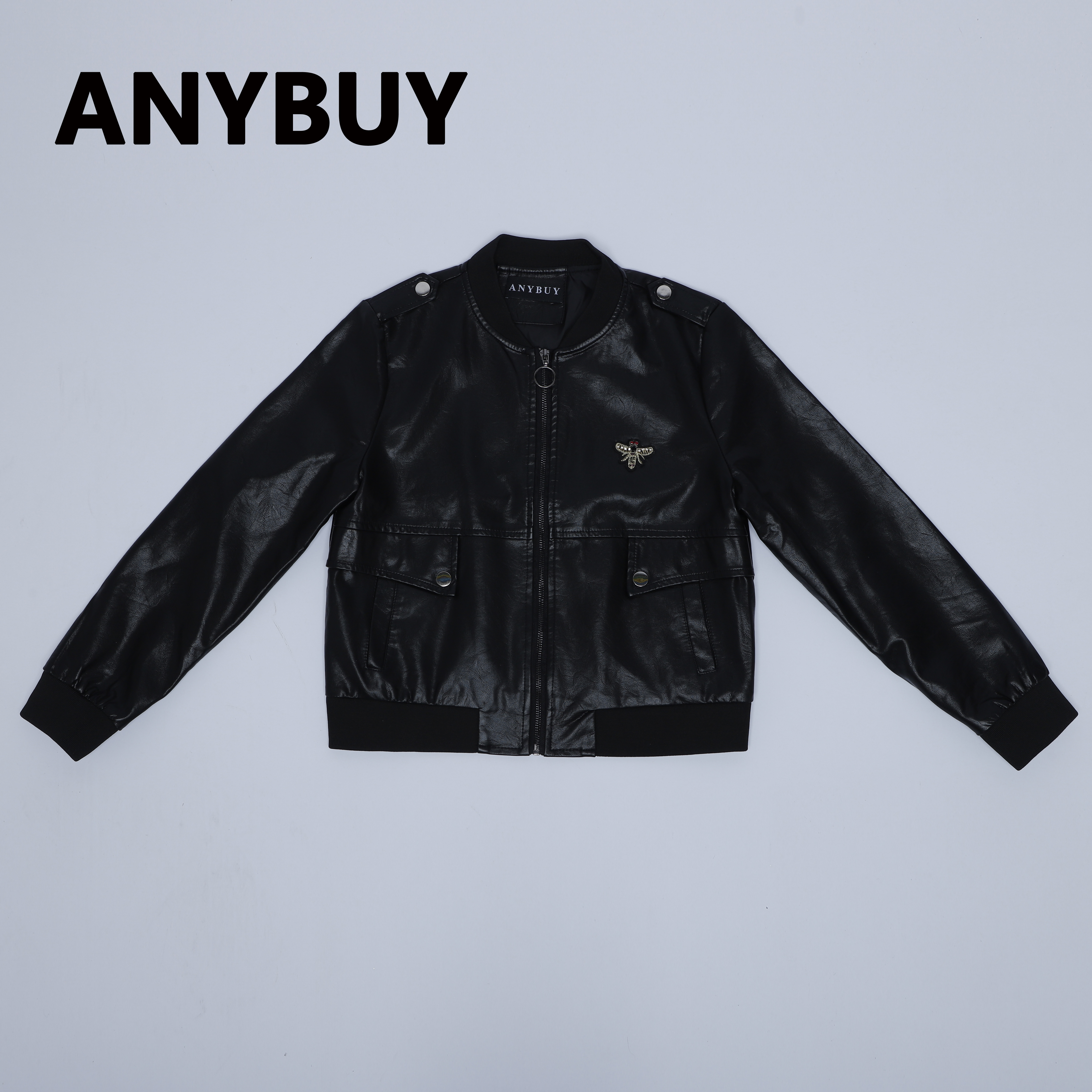 ANYBUY Women New Fashion Pu Leather Jacket Zipper Motorcycle Coat Short Faux Leather Biker Jacket Soft Bomber Jacket Female